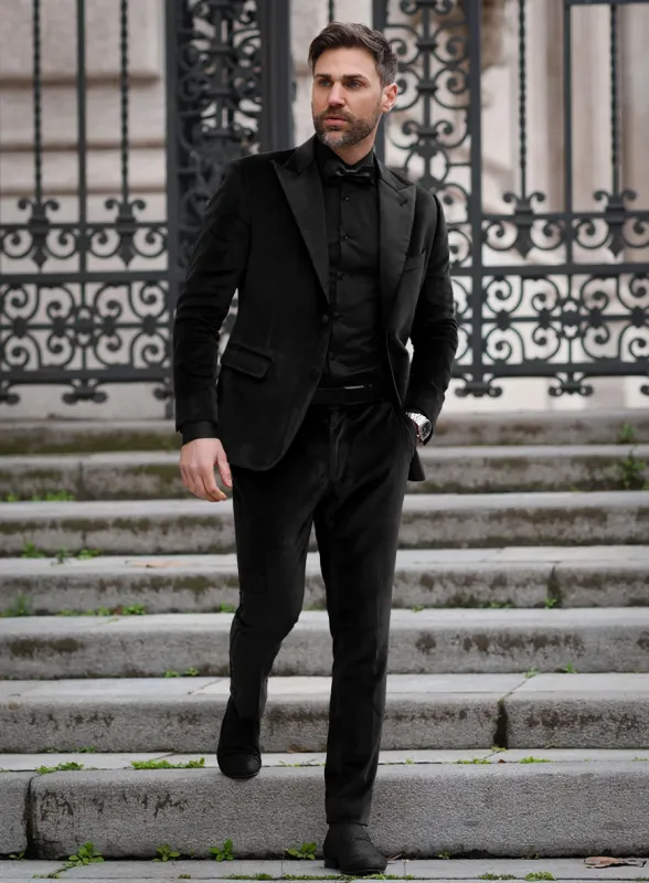 Men’s Black Velvet Tuxedo Suit – Peak Lapel Wedding, Prom and Formal Evening Velvet Pants made by Alberto Nardoni