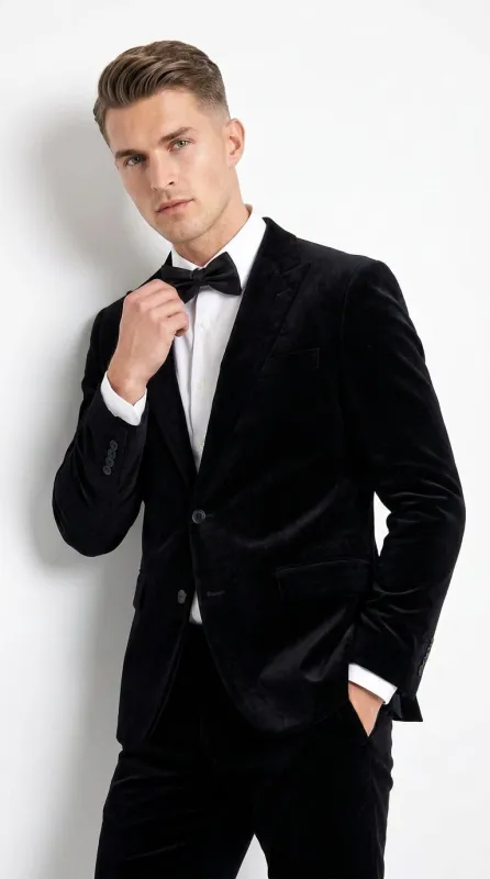 Men’s Black Velvet 2-Piece Suit – Notch Lapel Wedding, Prom and Formal Evening Suit made by Alberto Nardoni