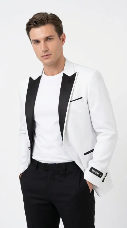 Men's White Sparkle Dinner Jacket – Black Satin Shawl Lapel Tuxedo Blazer Slim Fit Sequin Shiny Prom Jacket made by Alberto Nardoni