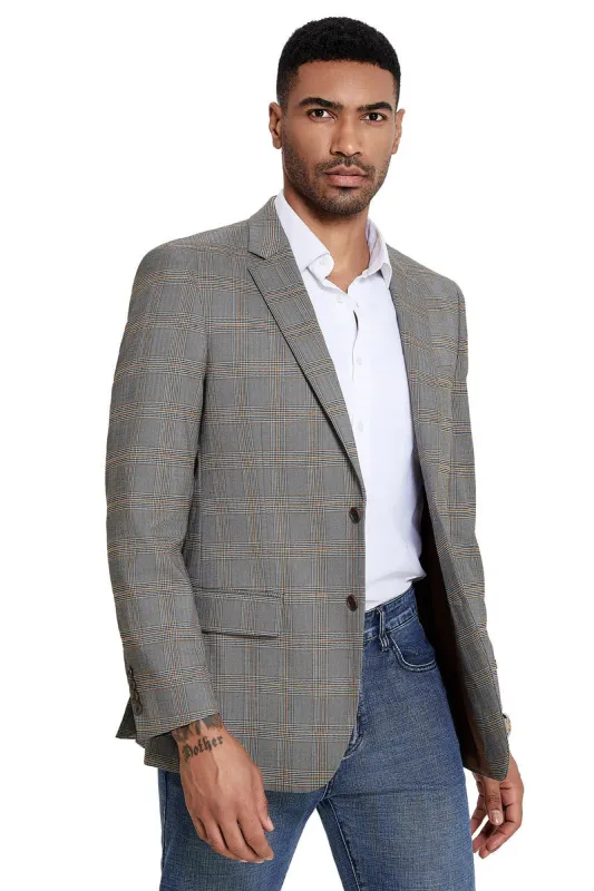 Mens Zegarie Brand Men's Two Button Modern Fit Sport Coat in Tan & Grey Windowpane Plaid made by Alberto Nardoni