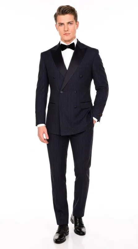 Men’s Navy Blue Double-Breasted Tuxedo – Tone-on-Tone Shadow Pinstripe Formal Wedding and Prom Suit made by Alberto Nardoni