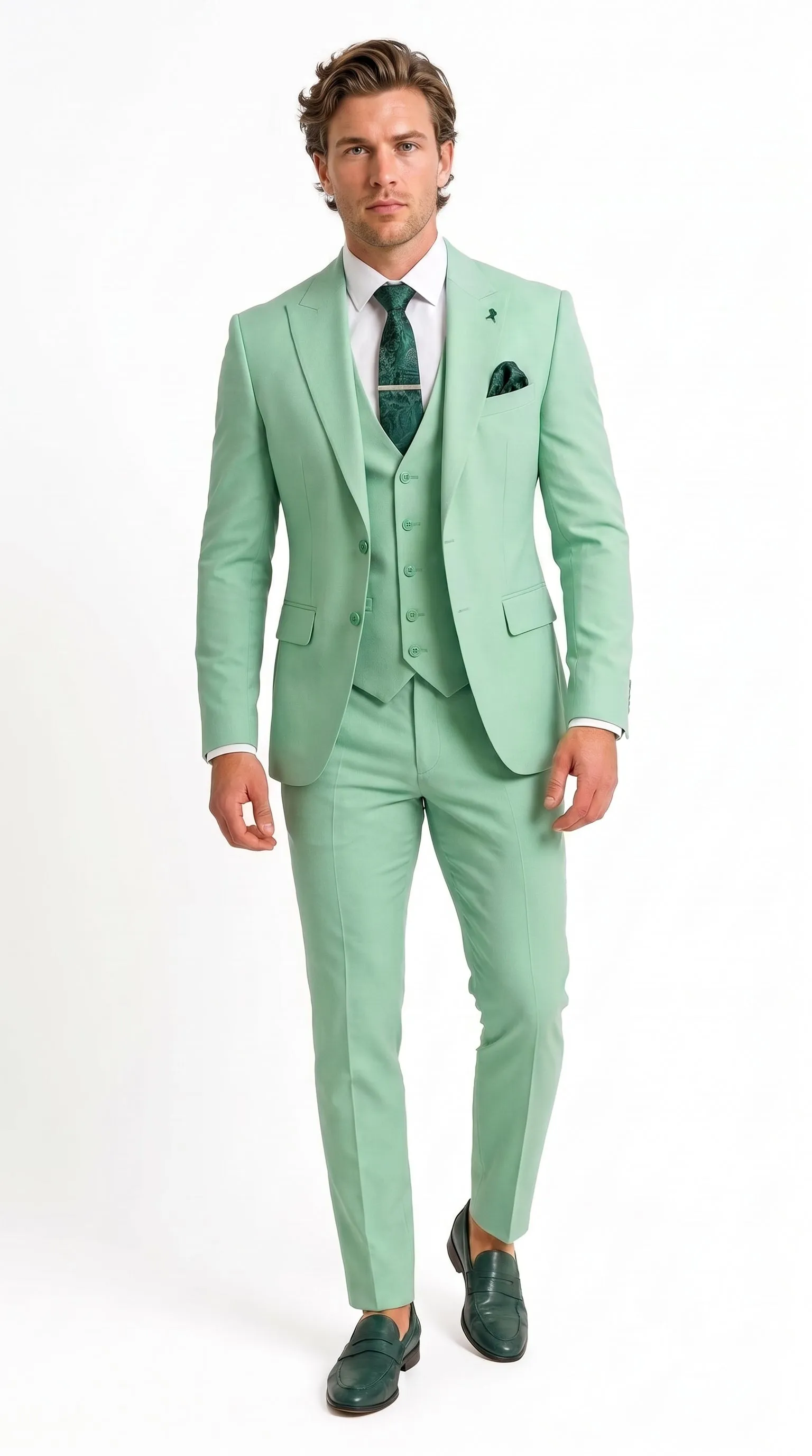 Mens Mint Green 3-Piece Suit – Slim Fit Wedding, Prom & Formal Suit with Matching Vest By Derman sold by Alberto Nardoni product image thumbnail 2