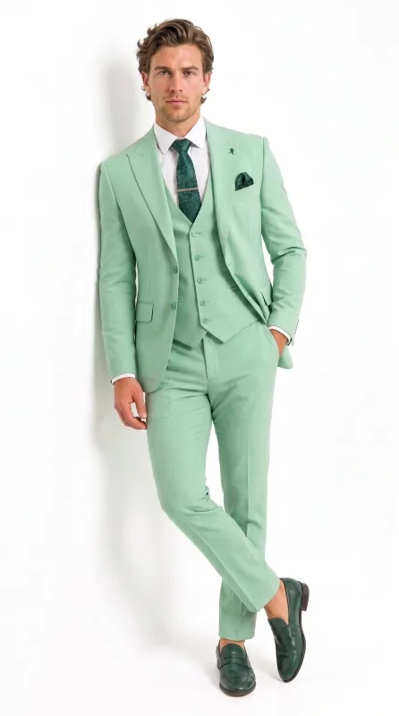 Mens Mint Green 3-Piece Suit – Slim Fit Wedding, Prom & Formal Suit with Matching Vest By Derman made by Alberto Nardoni
