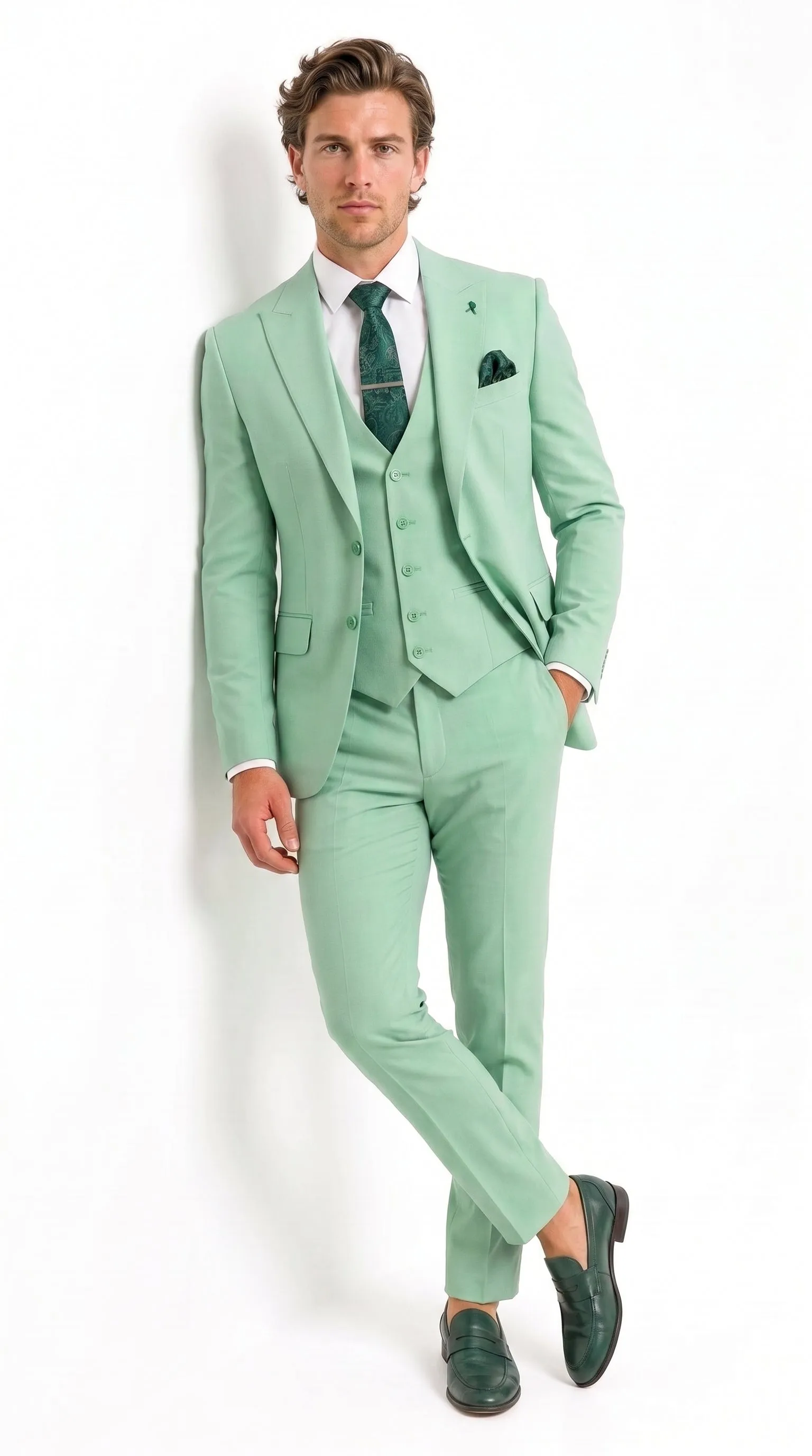 Mens Mint Green 3-Piece Suit – Slim Fit Wedding, Prom & Formal Suit with Matching Vest By Derman sold by Alberto Nardoni