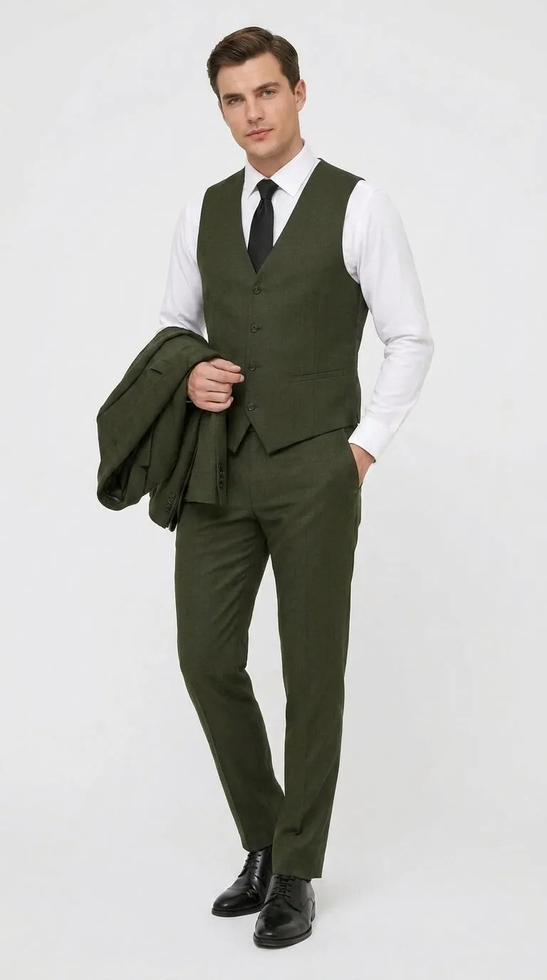 Mens Military Green 3-Piece Suit – Slim Fit Wedding, Business & Formal Suit with Vested Set sold by Alberto Nardoni product image thumbnail 4