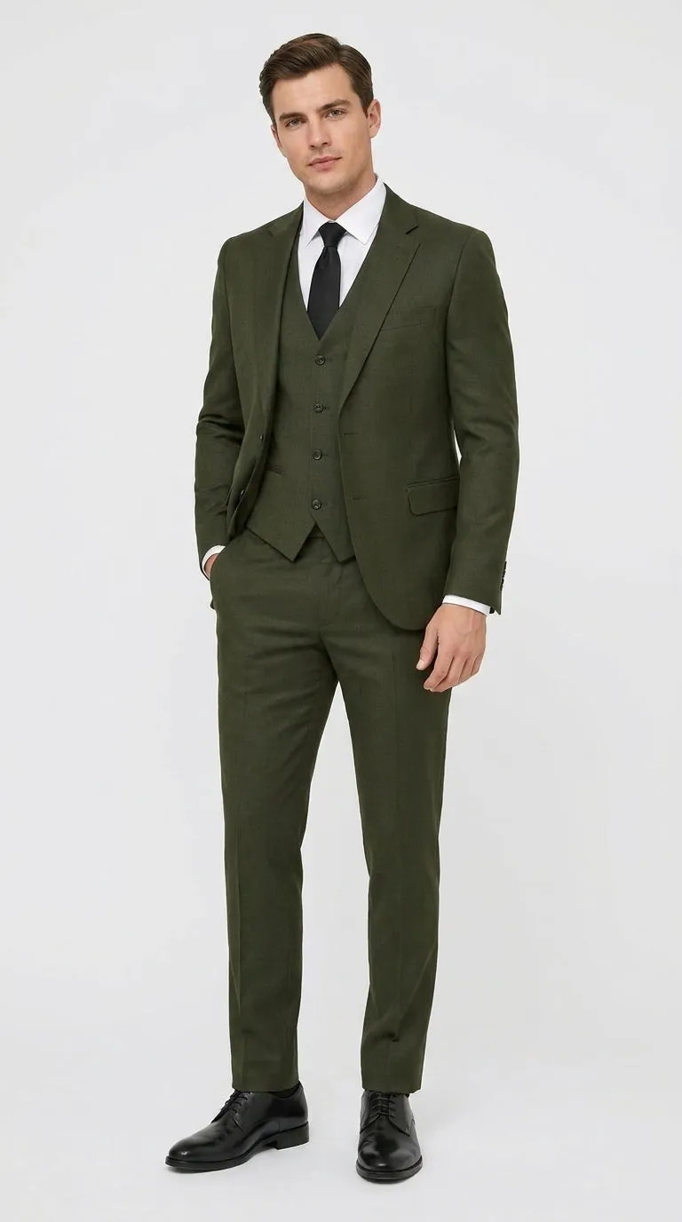 Mens Military Green 3-Piece Suit – Slim Fit Wedding, Business & Formal Suit with Vested Set sold by Alberto Nardoni
