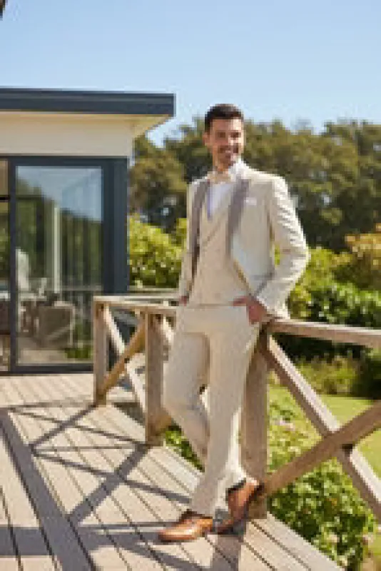 Mens Tan Tuxedo - Beige Suit "Flare" Ecru 1-Button Peak Tuxedo (4-Piece Set) made by Alberto Nardoni