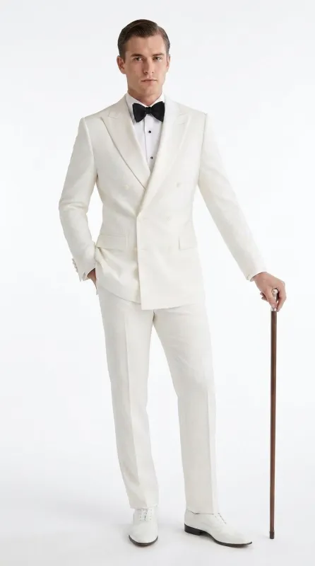 Men’s Ivory Double-Breasted Tuxedo – Vintage Wedding, Prom and Black-Tie Formal Suit off white cream made by Alberto Nardoni