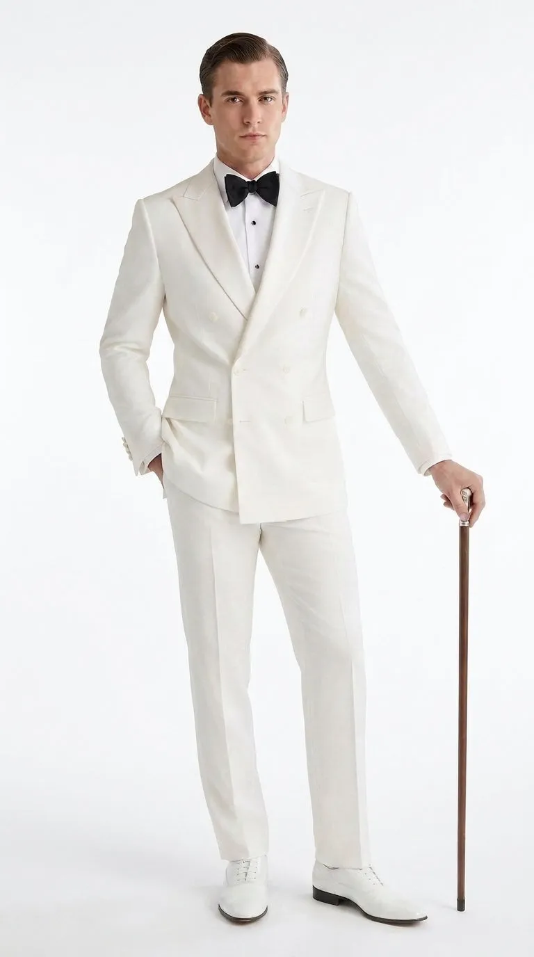 Men’s Ivory Double-Breasted Tuxedo – Vintage Wedding, Prom and Black-Tie Formal Suit off white cream sold by Alberto Nardoni