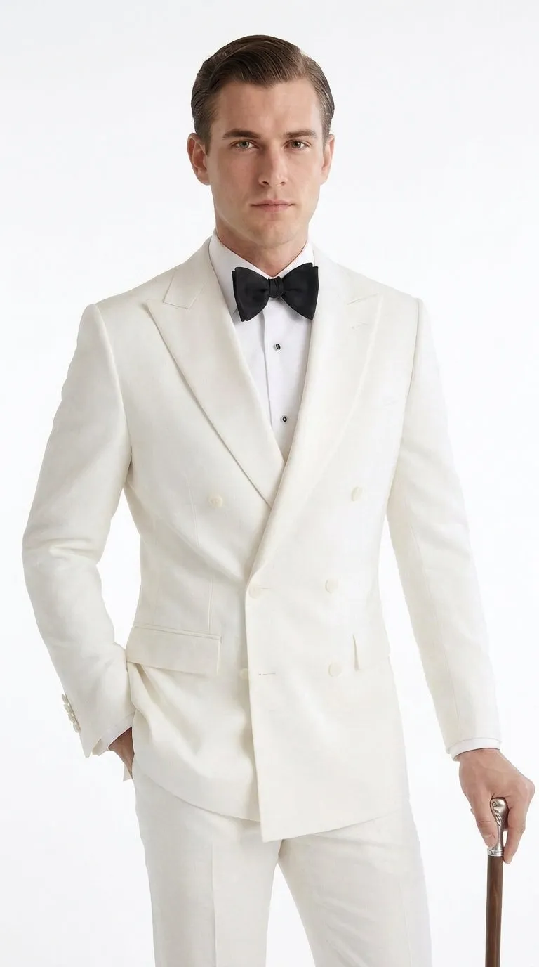 Men’s Ivory Double-Breasted Tuxedo – Vintage Wedding, Prom and Black-Tie Formal Suit off white cream sold by Alberto Nardoni product image thumbnail 5