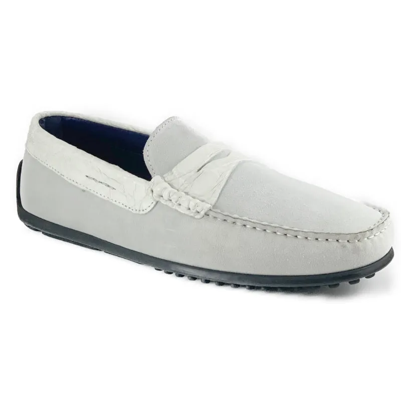 Zelli Monza Suede & Crocodile Driving Shoes White (31-160-WHT) made by Alberto Nardoni