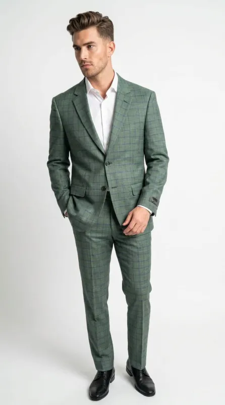 Men’s Tartan olive Green with blue checker Windowpane 2-Piece Suit – Modern Fit Plaid, Business and Formal Suit english styl made by Alberto Nardoni
