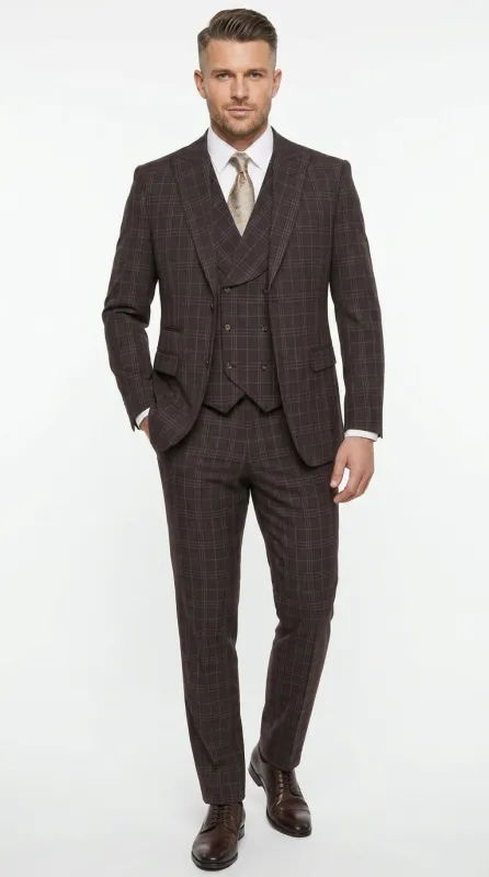 Men’s Vitali 3PC Suit – Choclate Brown and blue Plaid Check 3-Piece Suit with Double-Breasted Vest Modern Fit Side Vented made by Alberto Nardoni