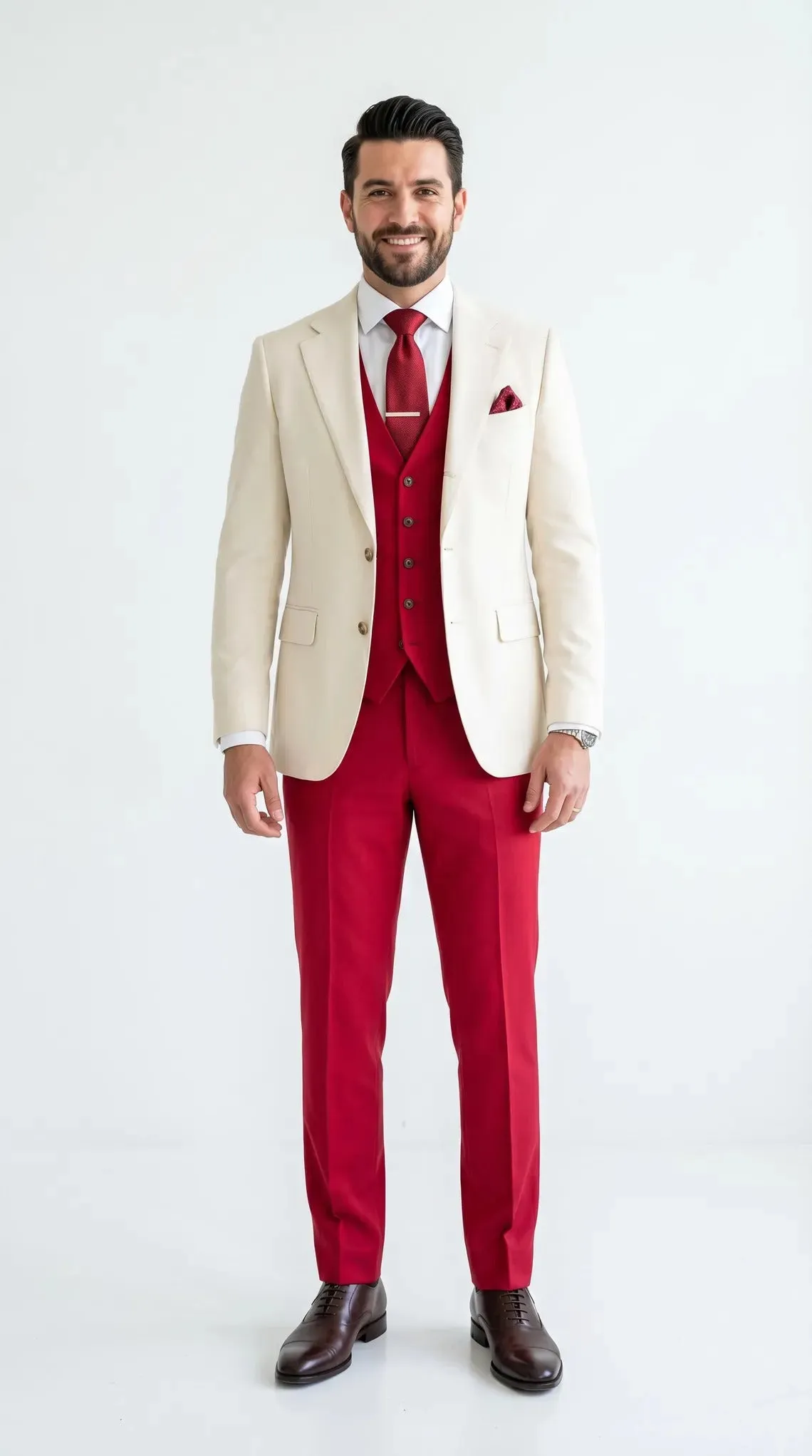 Men's Cream and Red 3 Piece Suit – Cream Blazer, Red Vest Suit and Red Pants sold by Alberto Nardoni