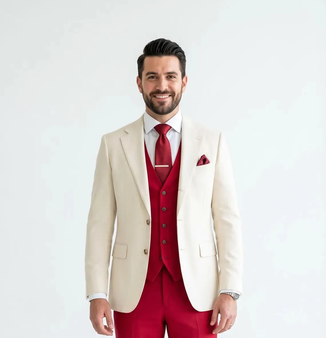 Men's Cream and Red 3 Piece Suit – Cream Blazer, Red Vest Suit and Red Pants sold by Alberto Nardoni product image thumbnail 3