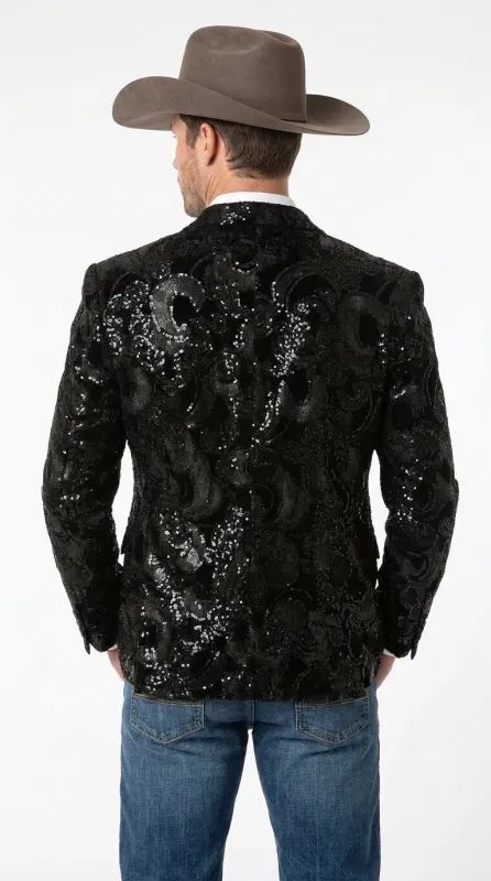 Men’s Black Sequin Western Blazer – Embroidered Cowboy Tuxedo Jacket with Rhinestone Lapels made by Alberto Nardoni