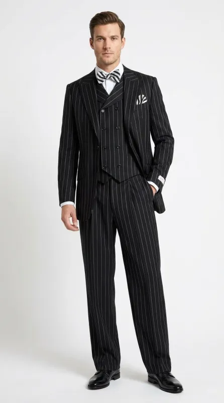 Men’s Black Pinstripe 3-Piece Suit Wool Suit – Classic Fit Single Button Suit with Wide Leg Pleated Pants By Tiglio Russo made by Alberto Nardoni