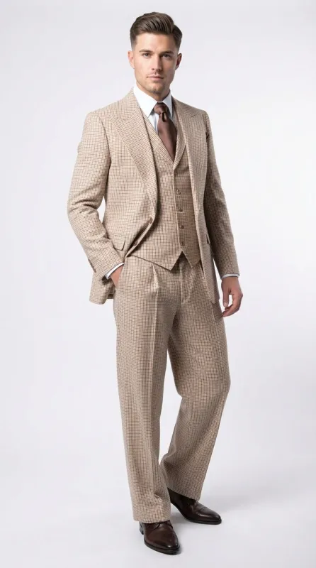 Men’s Beige tan Checkered Three Piece Suit with Classic Fit Wide Leg Pleated Pants by Rossiman khaki color made by Alberto Nardoni