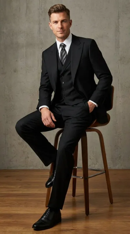 Tiglio Mens Black 3 Piece Suit – Single Button Classic Fit Pleated Wide Leg Pants Formal Business Chruch Suit - 100% Wool made by Alberto Nardoni