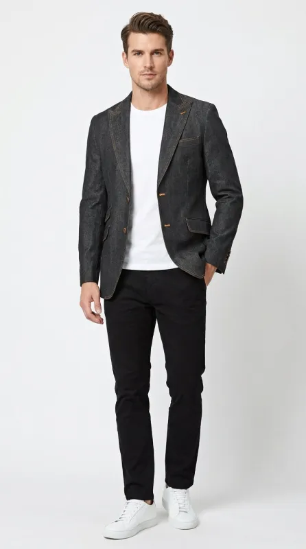 Mens Denim Cotton Blazer with Black – Smart Casual Jacket Outfit made by Alberto Nardoni