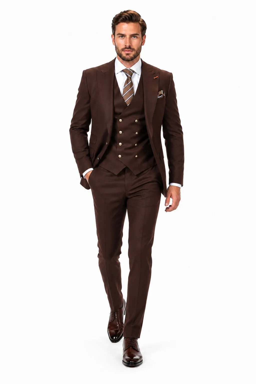 Men's Brown Statement Ticket Pocket Peak Lapel Wool Double Breasted Vest Suit with Silver Buttons – Modern Fit sold by Alberto Nardoni product image thumbnail 5