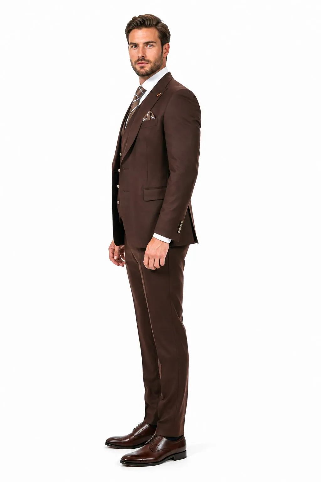 Men's Brown Statement Ticket Pocket Peak Lapel Wool Double Breasted Vest Suit with Silver Buttons – Modern Fit sold by Alberto Nardoni product image thumbnail 3