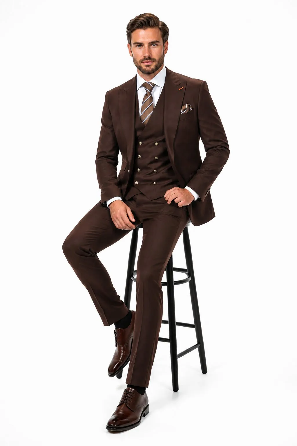 Men's Brown Statement Ticket Pocket Peak Lapel Wool Double Breasted Vest Suit with Silver Buttons – Modern Fit sold by Alberto Nardoni product image thumbnail 4