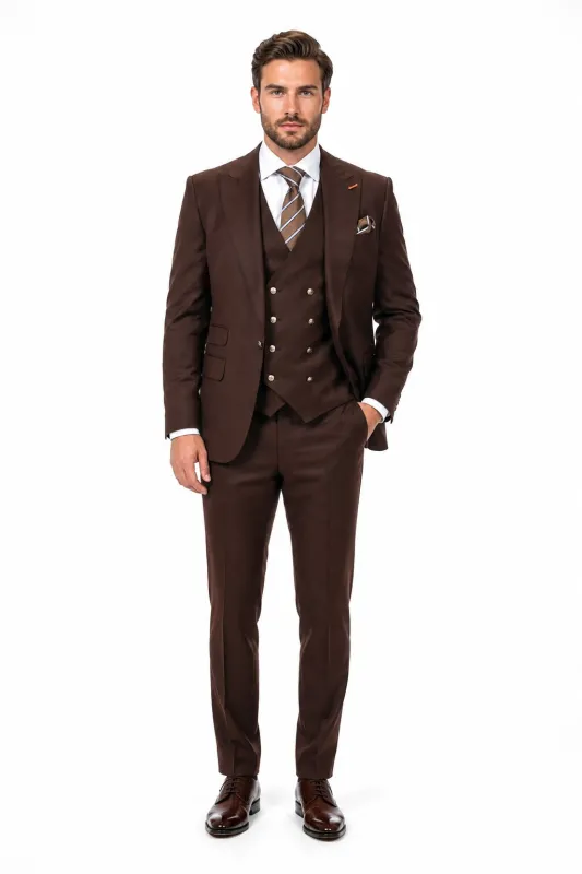 Men's Brown Statement Ticket Pocket Peak Lapel Wool Double Breasted Vest Suit with Silver Buttons – Modern Fit made by Alberto Nardoni