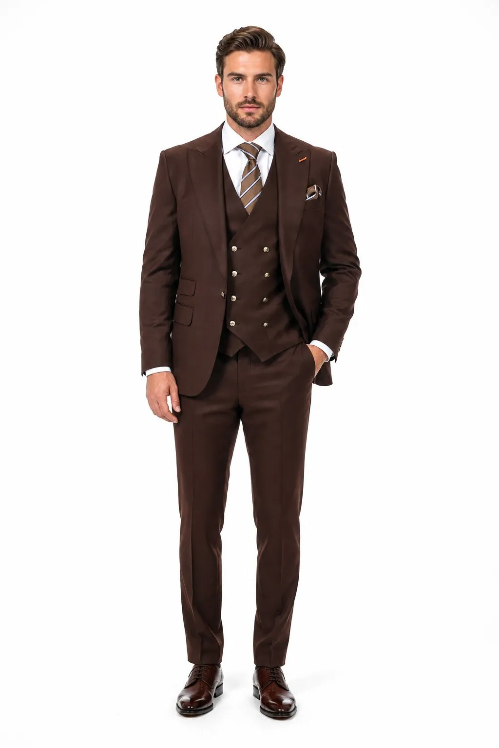 Men's Brown Statement Ticket Pocket Peak Lapel Wool Double Breasted Vest Suit with Silver Buttons – Modern Fit sold by Alberto Nardoni