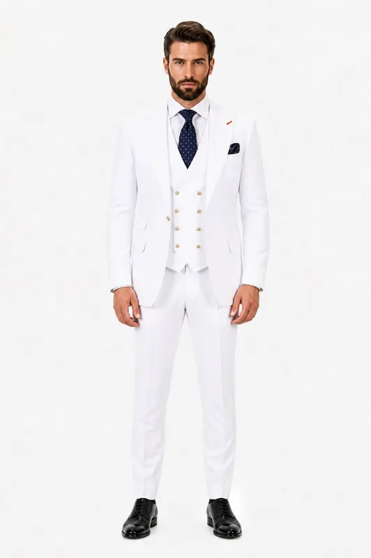 Men's White Statement Ticket Pocket Peak Lapel Wool Double Breasted Vest Suit with Gold Buttons – Modern Fit made by Alberto Nardoni