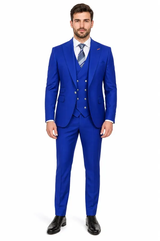 Men's Royal Blue Statement Ticket Pocket Peak Lapel Wool Double Breasted Vest Suit with Silver Buttons – Modern Fit made by Alberto Nardoni