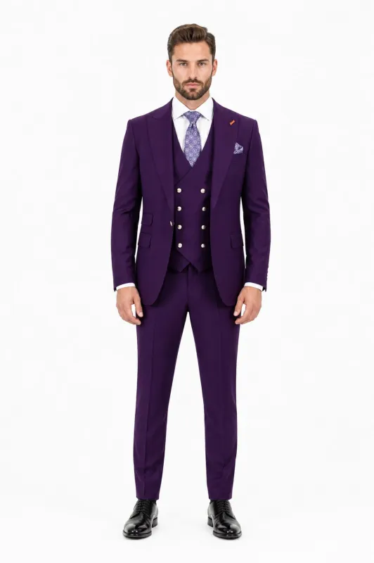 Men's Plum Statement Ticket Pocket Peak Lapel Wool Double Breasted Vest Suit with Silver Buttons – Modern Fit made by Alberto Nardoni