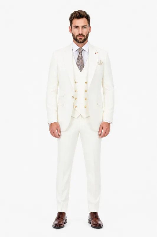Men's Off White Statement Ticket Pocket Peak Lapel Wool Double Breasted Vest Suit with Gold Buttons – Modern Fit made by Alberto Nardoni