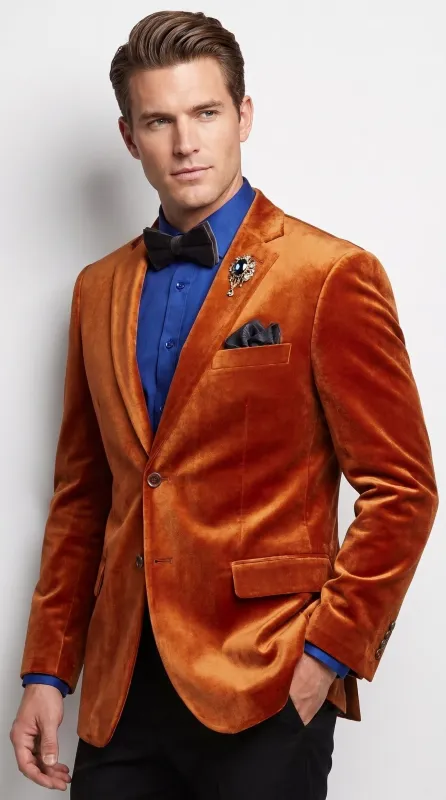 Men’s Burnt Orange Velvet Blazer – Kingsman Golden Bee Inspired Luxury Dinner Jacket made by Alberto Nardoni