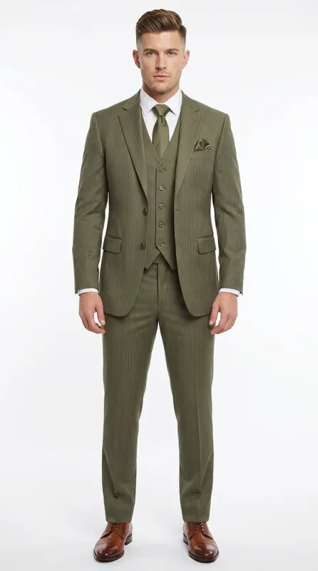 Men’s Olive Green Tone-on-Tone Shadow Pinstripe  3 Piece Suit – Modern Formal Suit with Vest Shadow Stripe made by Alberto Nardoni