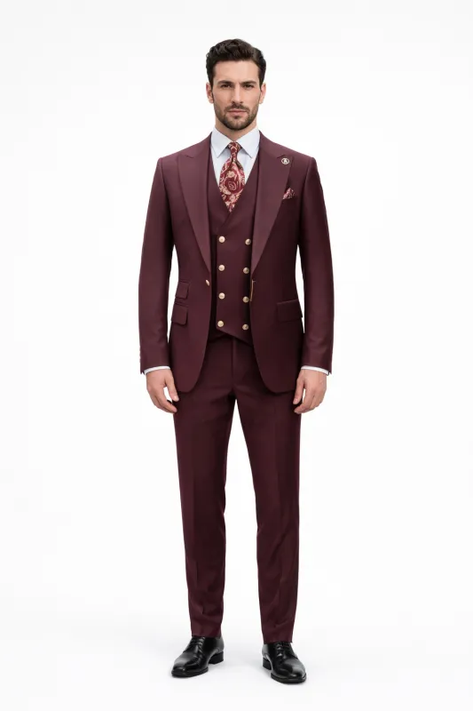 Burgundy Suit for Men – Peak Lapel 1-Button Jacket & Double-Breasted Vest made by Alberto Nardoni