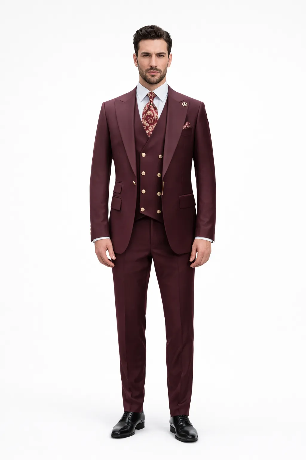 Burgundy Suit for Men – Peak Lapel 1-Button Jacket & Double-Breasted Vest sold by Alberto Nardoni