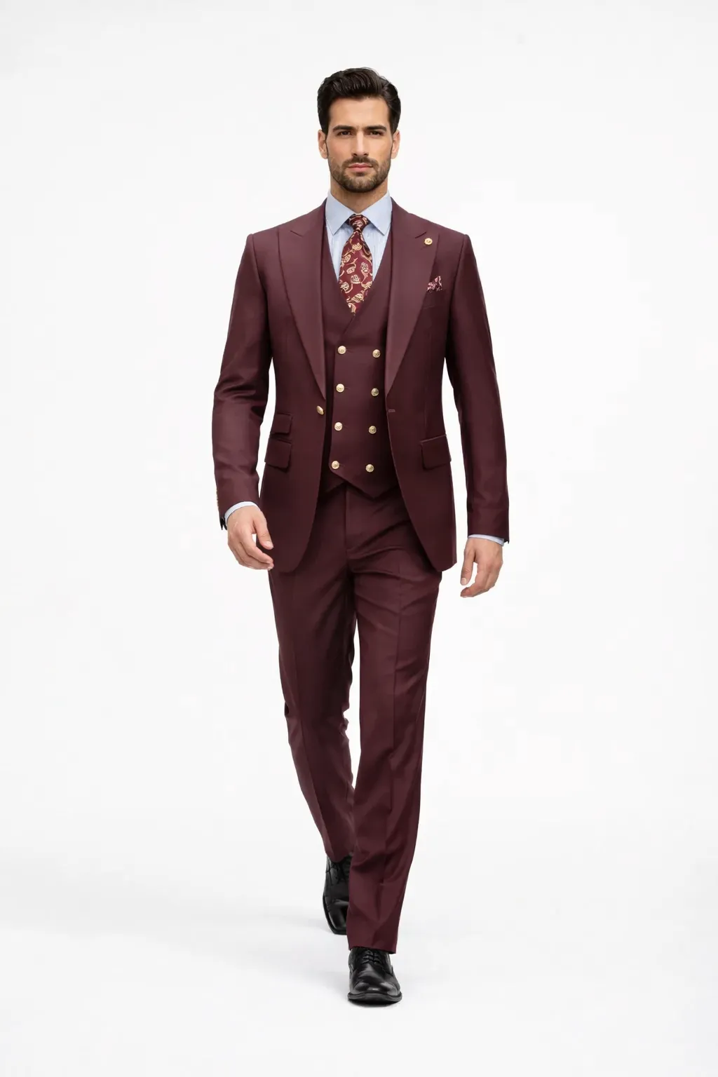 Burgundy Suit for Men – Peak Lapel 1-Button Jacket & Double-Breasted Vest sold by Alberto Nardoni product image thumbnail 3
