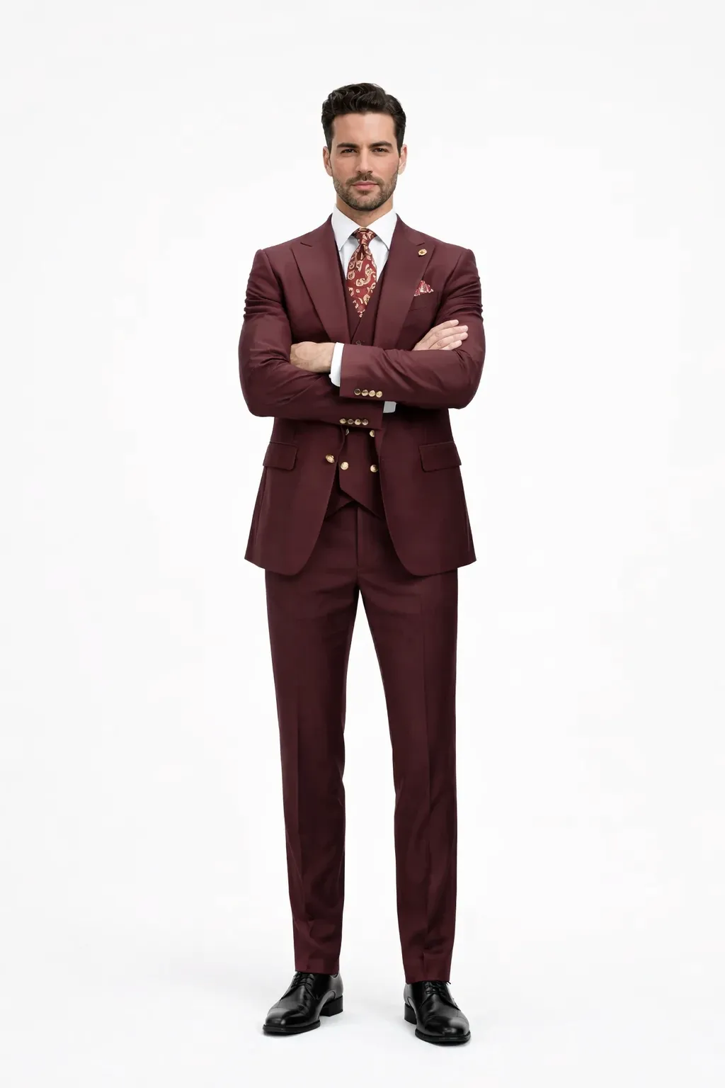 Burgundy Suit for Men – Peak Lapel 1-Button Jacket & Double-Breasted Vest sold by Alberto Nardoni product image thumbnail 5