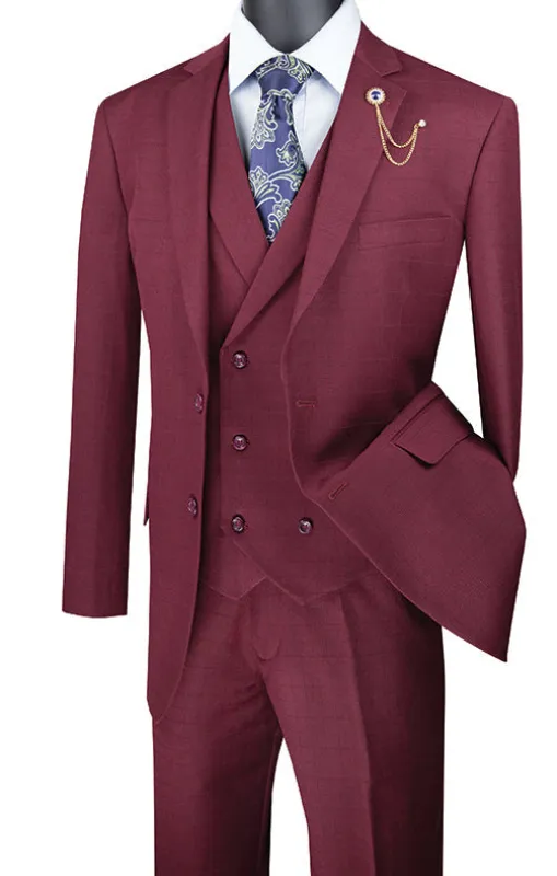 Venetian Collection - Burgundy Regular Fit Glen Plaid 2 Button 3 Piece Suit made by Alberto Nardoni