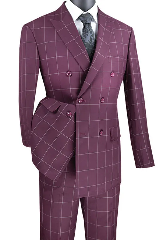 Naples Collection - Wine Modern Fit Double Breasted Windowpane Peak Lapel 2 Piece Suit made by Alberto Nardoni