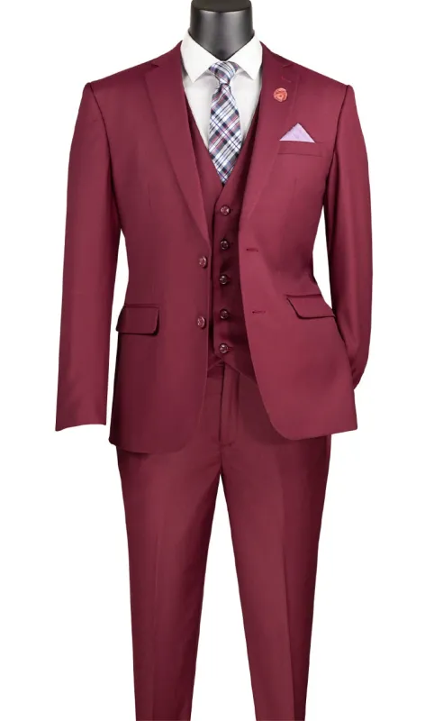 Slim Fit Business Men's Suit 3 Piece 2 Button in Burgundy made by Alberto Nardoni