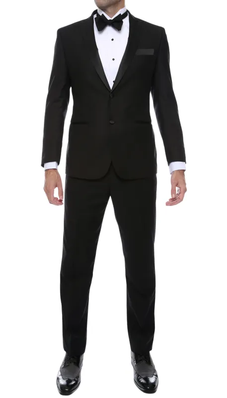 Debonair Black Slim Fit Peak Lapel 2 Piece Tuxedo Suit Set made by Alberto Nardoni