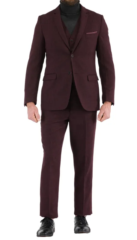 Bradford Burgundy Slim Fit 3 Piece Tweed Suit made by Alberto Nardoni