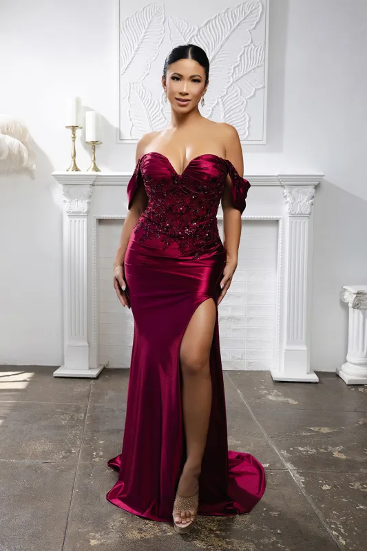 Off Shoulder Satin Mermaid Gown with Beaded Lace Appliqué & High Slit by May Queen MQ2181 made by May Queen