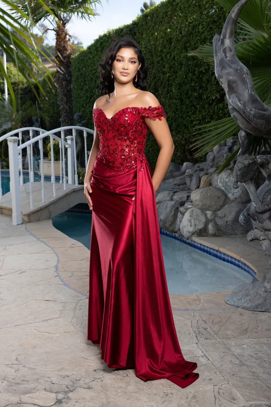 Off Shoulder Sequin Lace Satin Gown Fitted Corset Bodice Draped Skirt & Train by May Queen MQ2177 made by May Queen
