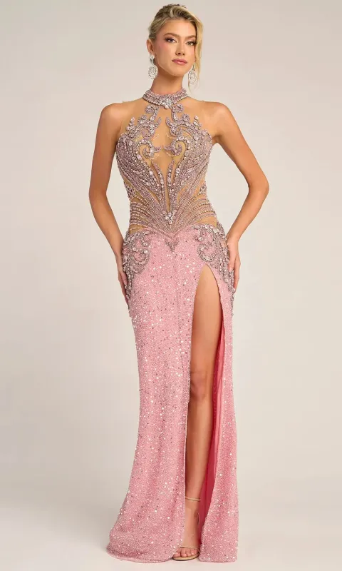 Beaded Strapless Gown with High Slit Luxe Sequin Embellished Dress by Portia & Scarlett PS26436C made by Alberto Nardoni
