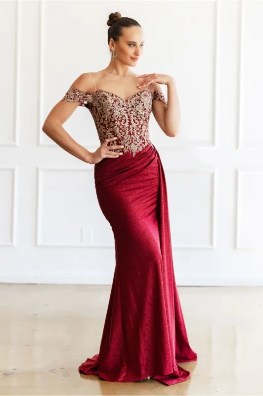 High Couture MJ1021 Glitter Long Formal Lace Applique Prom Dress made by Alberto Nardoni