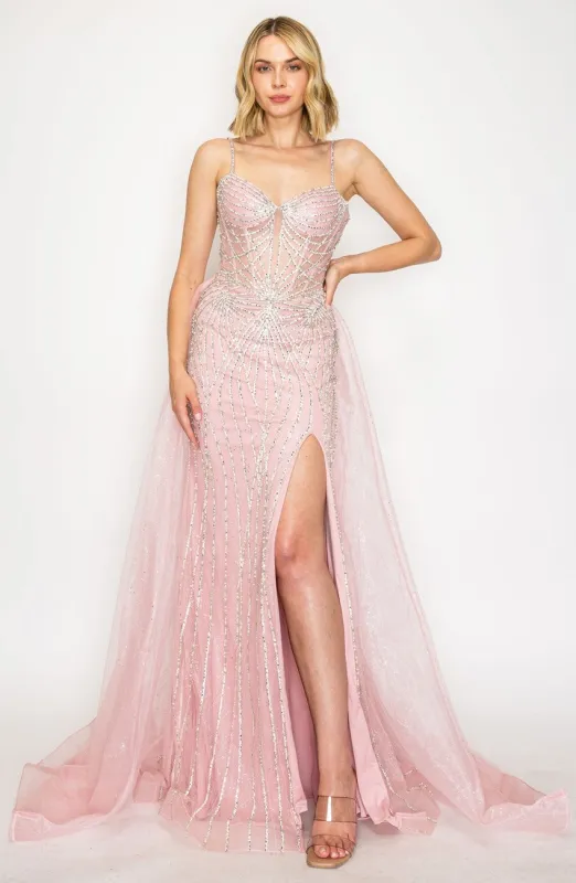 High Couture HC1002 Long Formal Beaded Overskirt Prom Dress made by Alberto Nardoni
