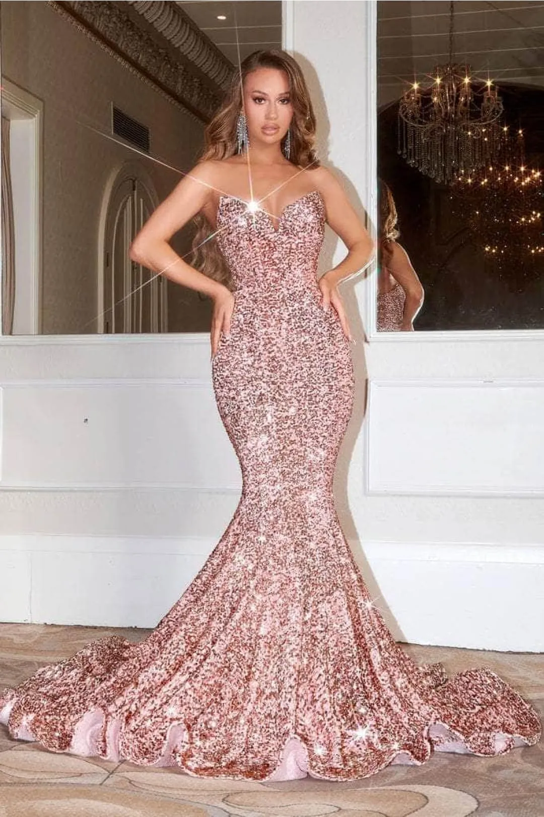 Portia and Scarlett PS21208 -long- Strapless V-Neck Sequin Gown sold by Alberto Nardoni